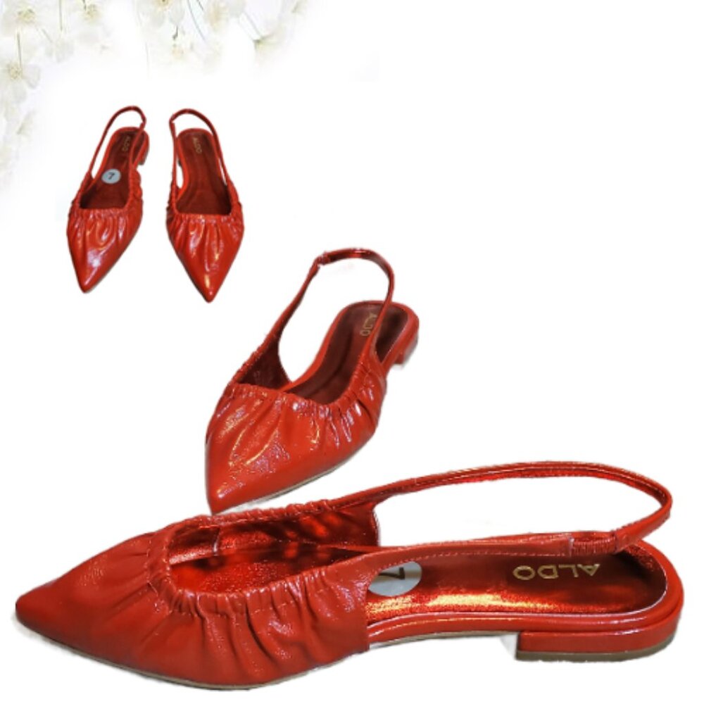 New Aldo Red Faux Shiny Patent Leather Pointy Flat Comfort Singback Shoes SZ 7 M